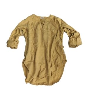 Lou & Grey Top Womens XXS Mustard Yellow Popover Roll Tab Sleeve Lyocell Linen